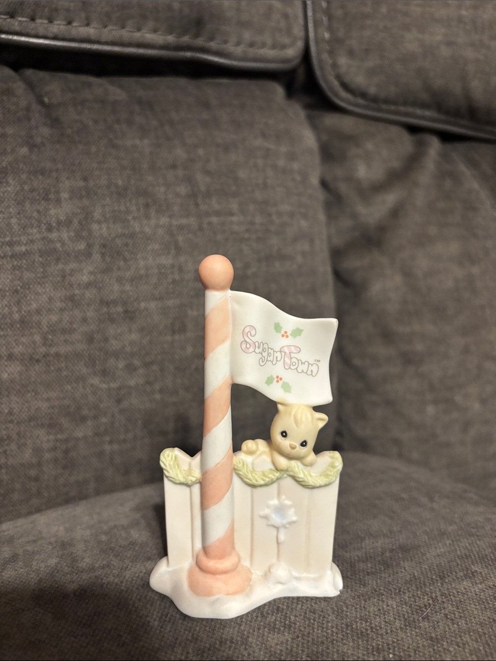Precious Moments Cream Figurine with Pink-Striped Pole and 'Sugar Town' Flag